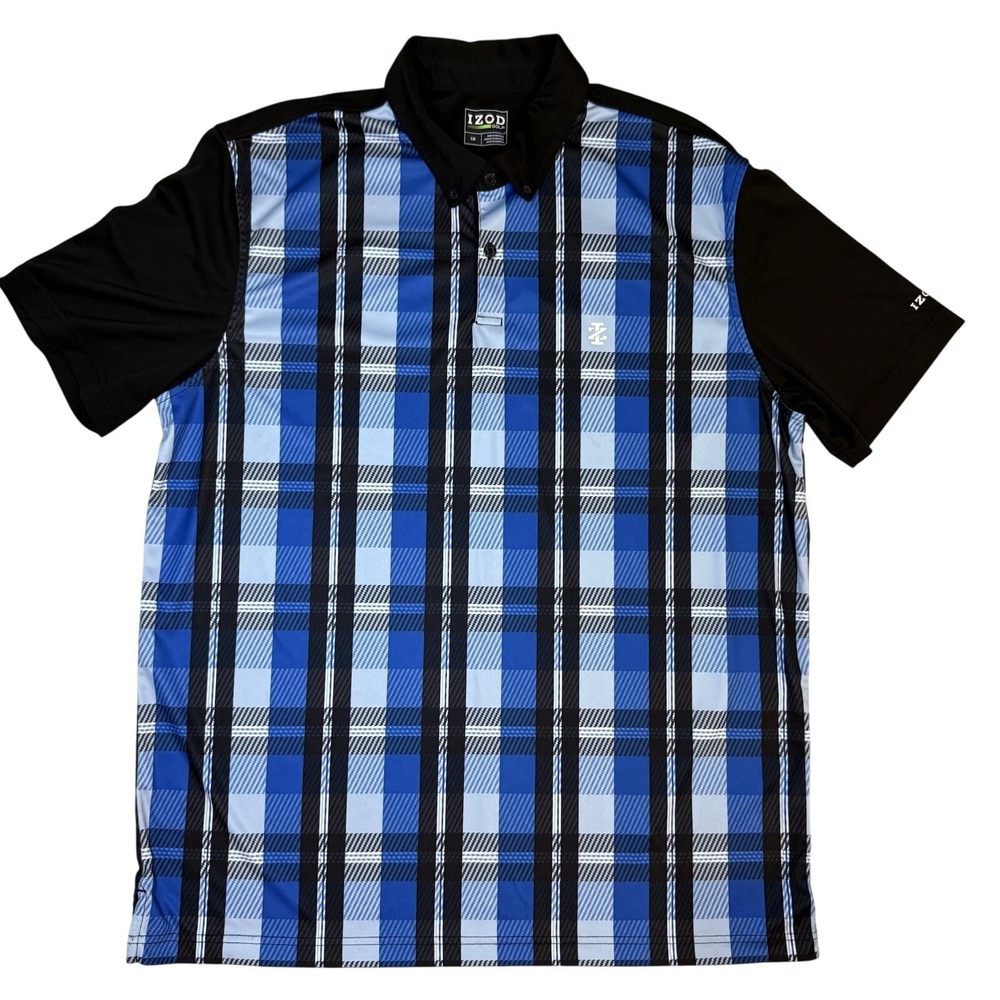 Izod Men's‎ Golf Polo Size Lg Performance Material Blue Black Plaid Print EUC